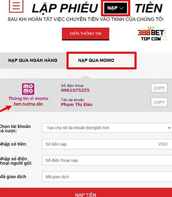 388BET Nạp tiền ví điện tử (momo)